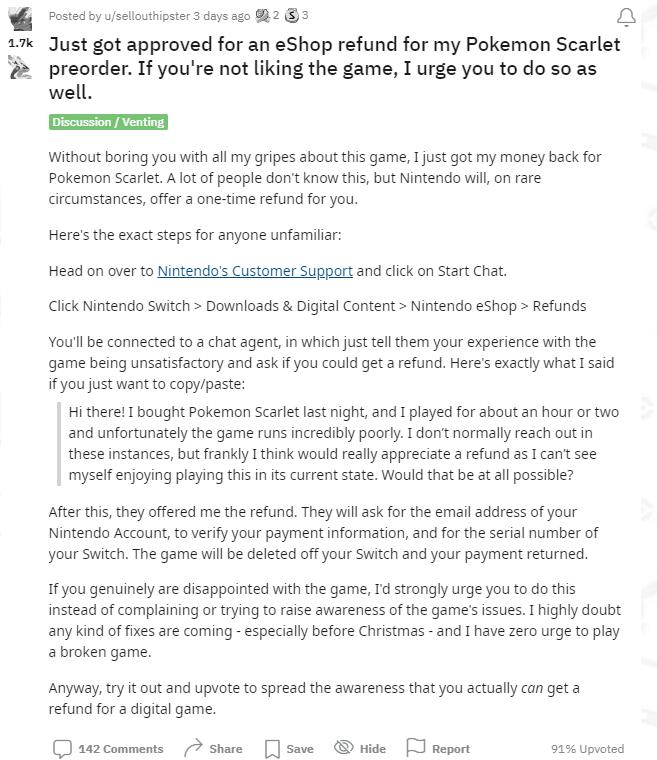 不满《宝可梦：朱/紫》性能表现 玩家向任天堂申请退款获批